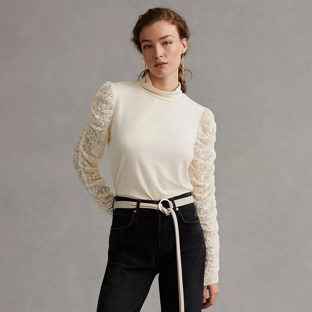 Anthropologie Cream Lace Sleeve Mock Neck Top